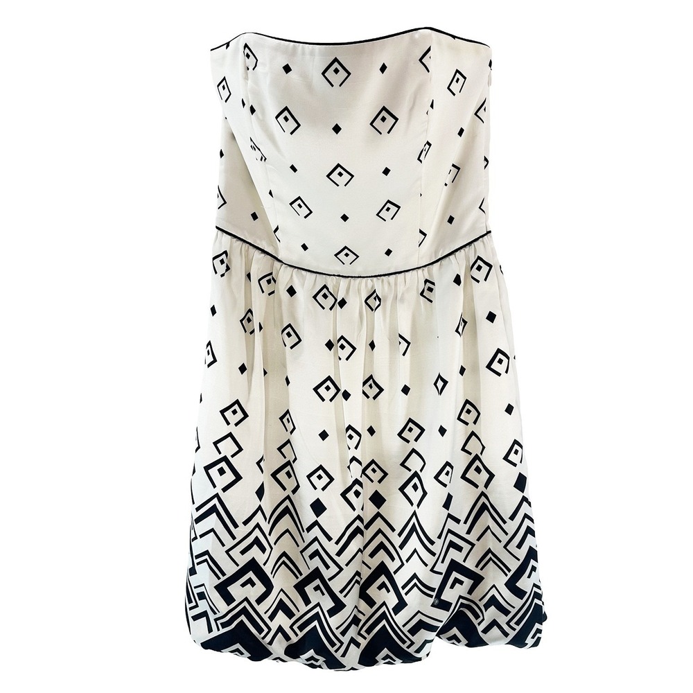 WHBM 100% Silk Strapless Geometric Print Cocktail Dress • 0 • white black • chic